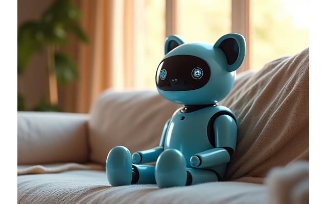A robotic companion sitting on a couch in a cozy living room, symbolizing home application.