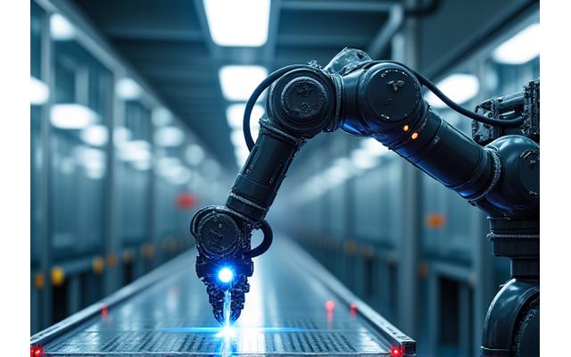 An industrial robotic arm in a brightly lit factory setting, symbolizing business application.